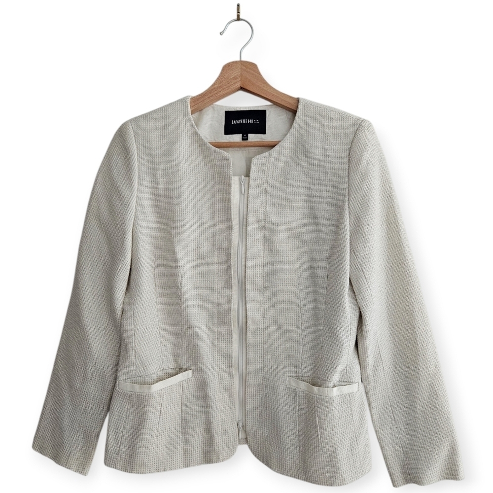 Lafayette 148 New York White Tweed Collarless Zip Up Blazer Size 4